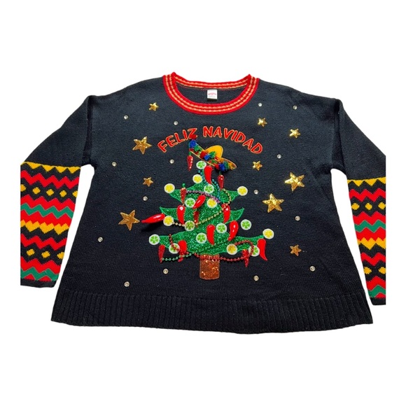 Festive Navidad Sz Large Black Christmas Sweater with Colorful Tree Design - Picture 1 of 8